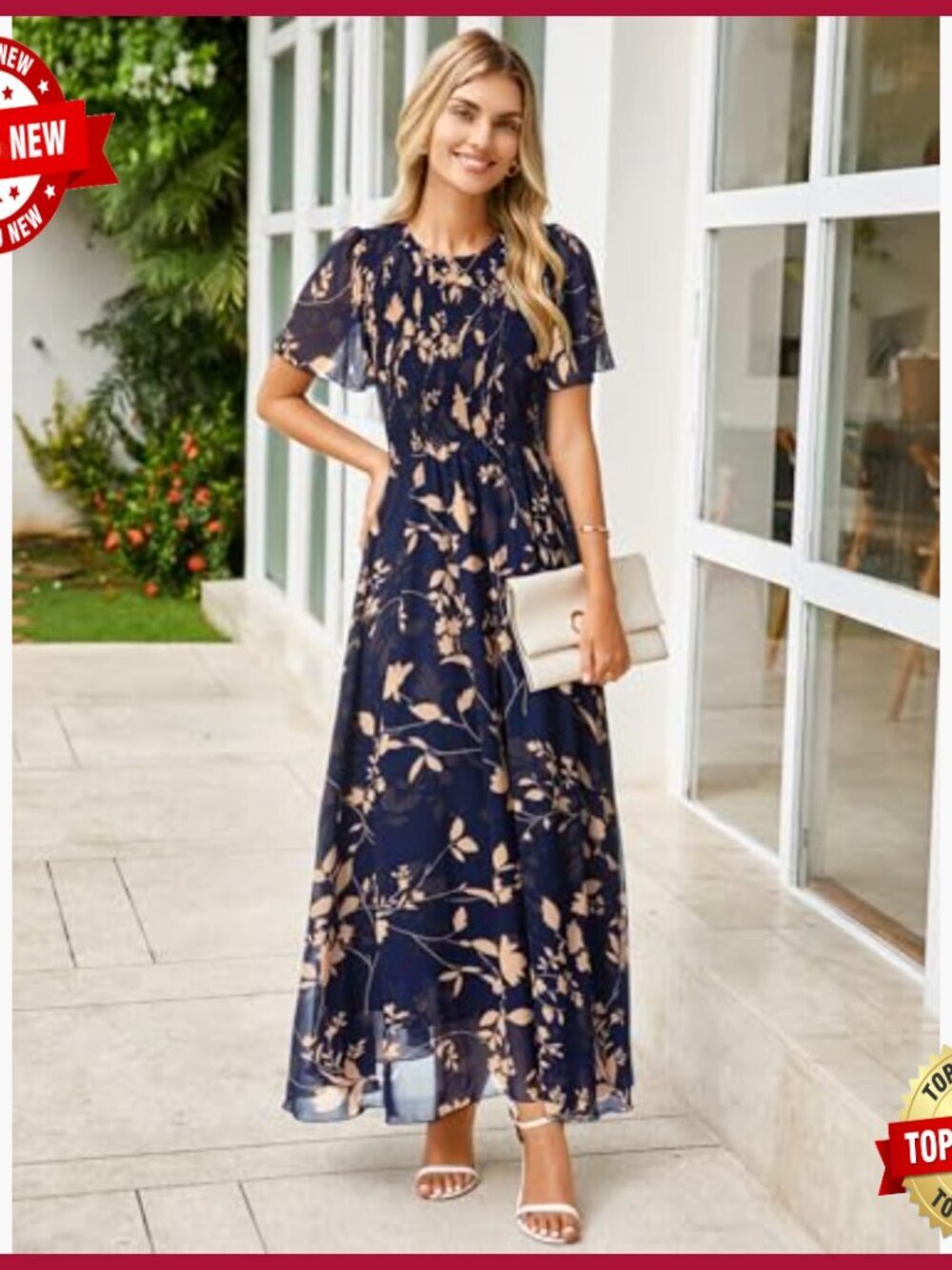 Summer Maxi Dress Floral Boho Flowy Chiffon Smocked Top Short Sleeve - Picture 3 of 7